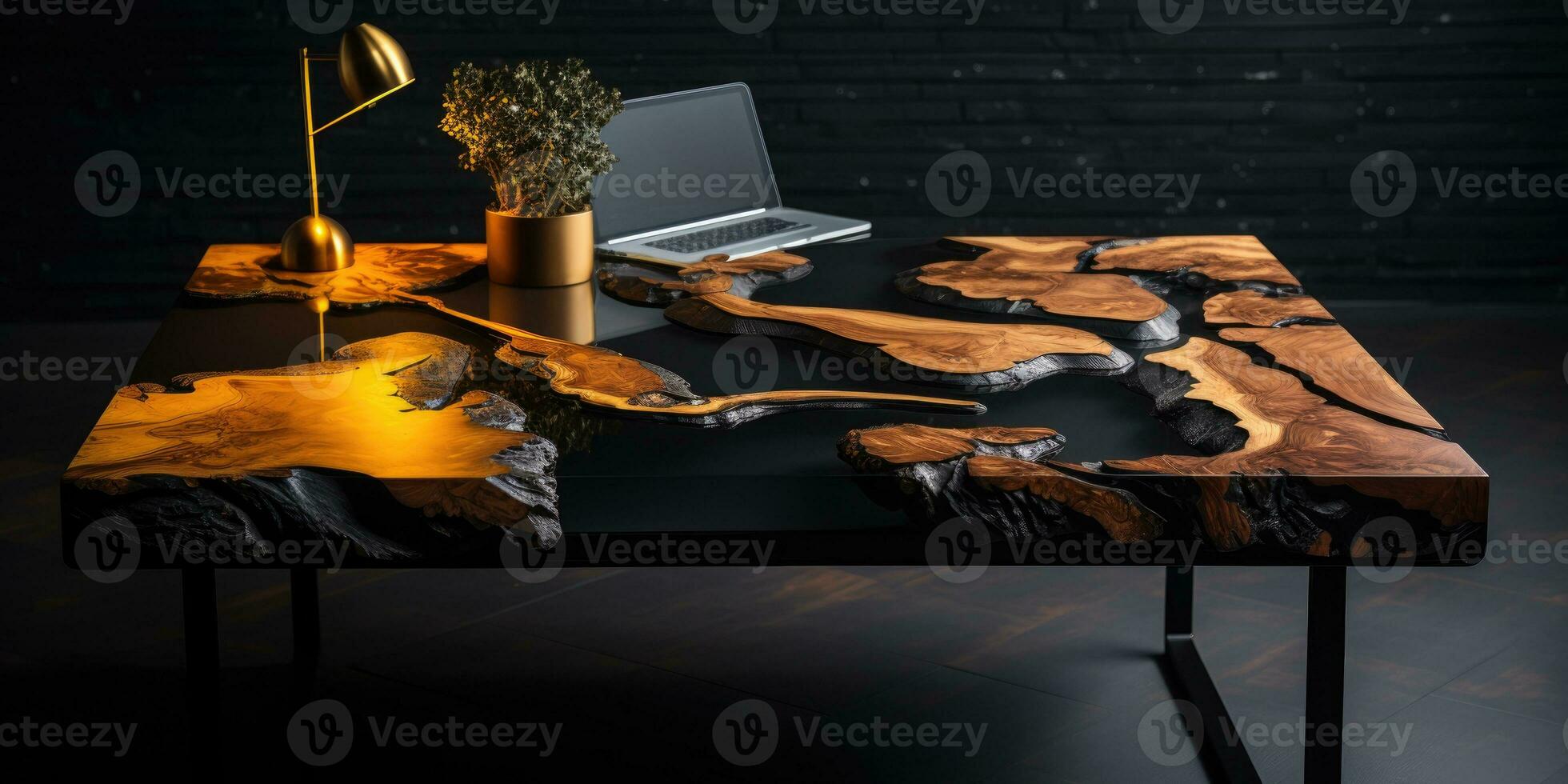 Luxury desk with epoxy resin and varnish Round tree slab with black epoxy river Wooden background hi, AI Generative photo