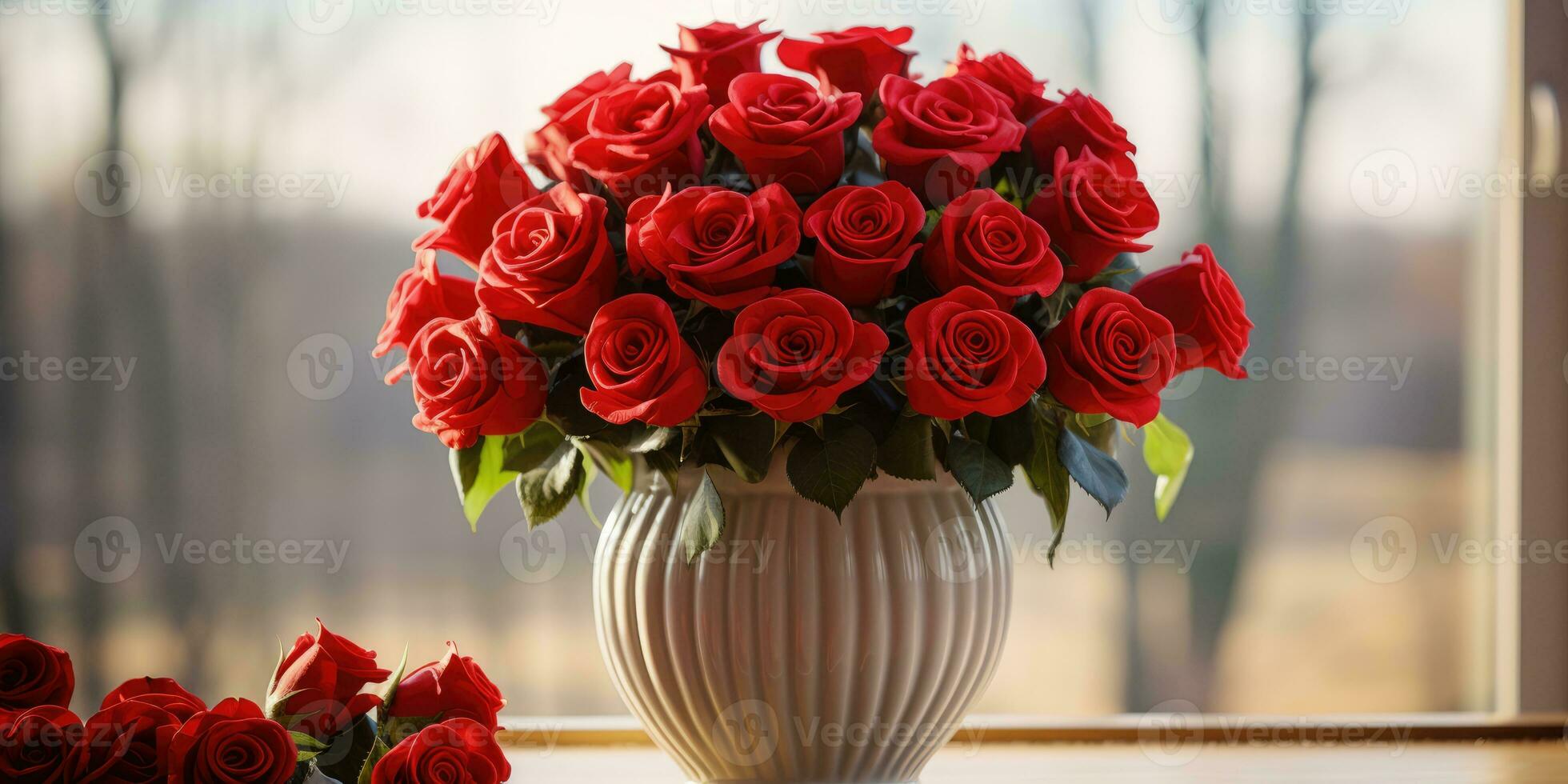 A portrait of a big arrangement of red roses in a vase, AI Generative photo