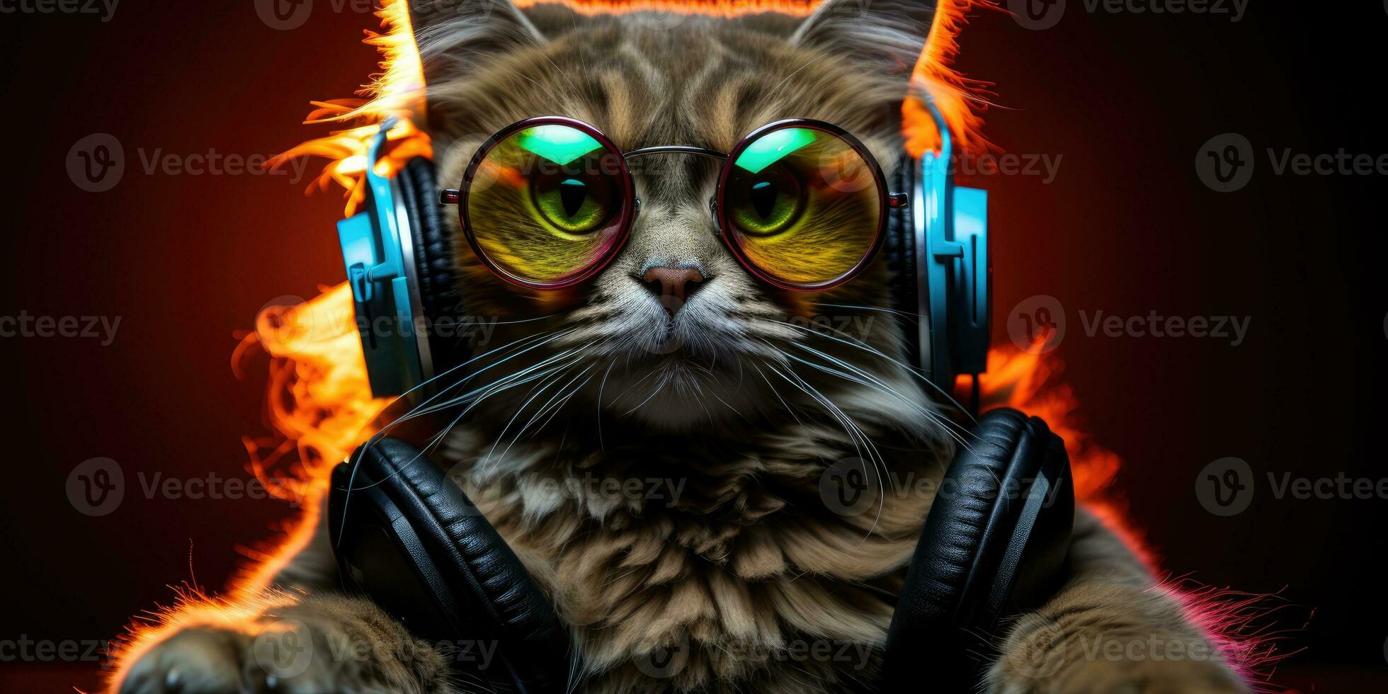 Cool cat in headphones and sunglasses, AI Generative photo