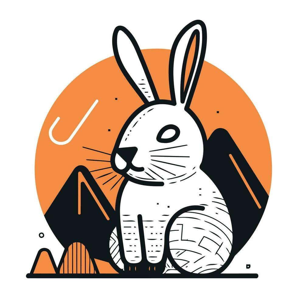 Vector illustration. Cute cartoon rabbit with mountains in the background.