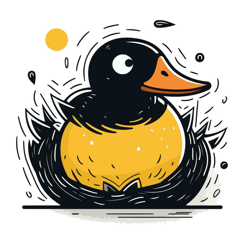 Duck in the nest. Hand drawn vector illustration in cartoon style.