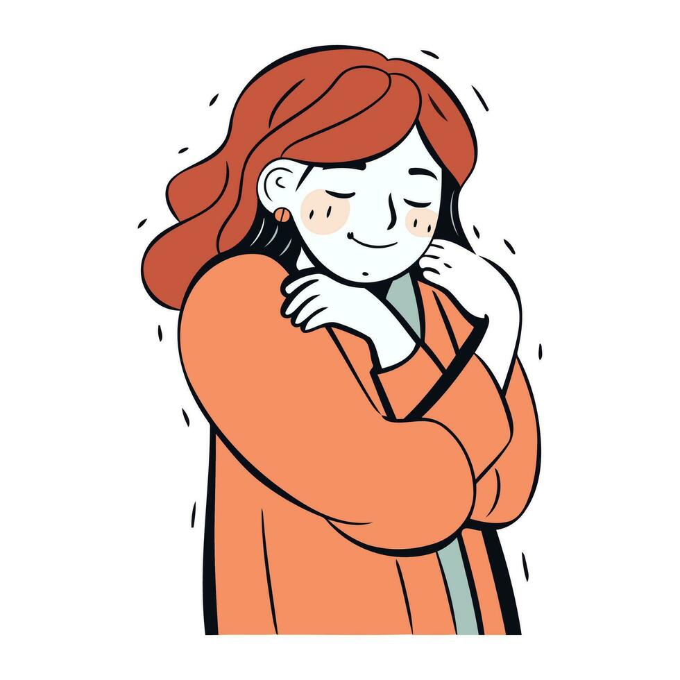 Sad woman hugging herself. Vector illustration in doodle style.