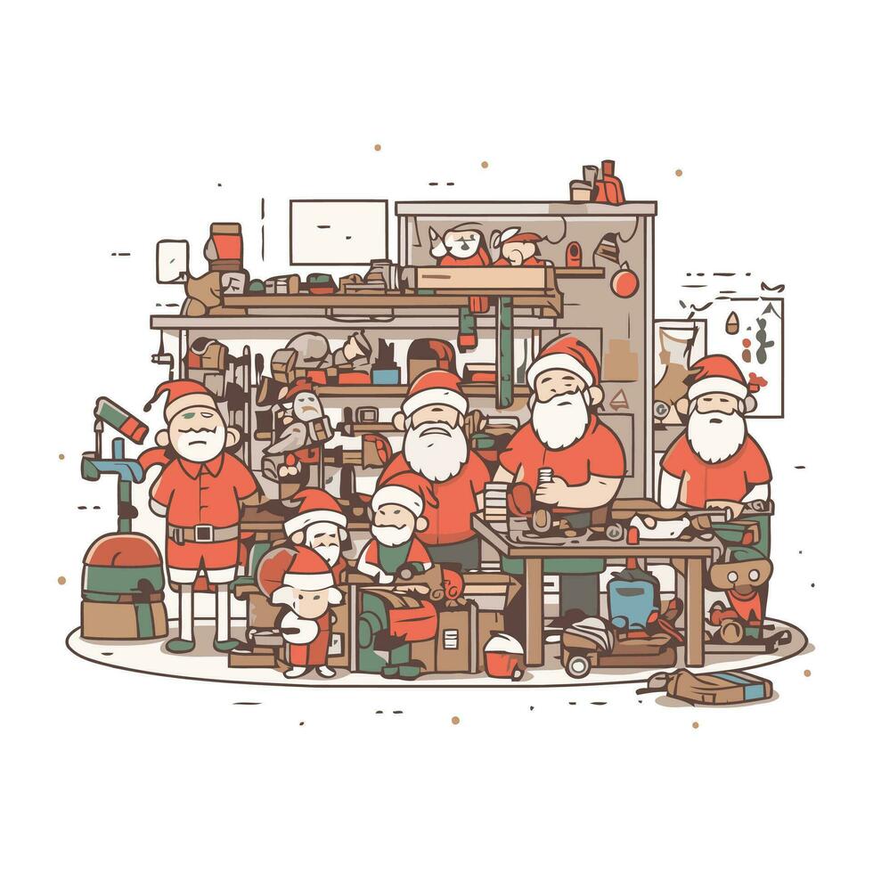 Papa Noel claus y niños en el cocina. vector ilustración en dibujos animados estilo.