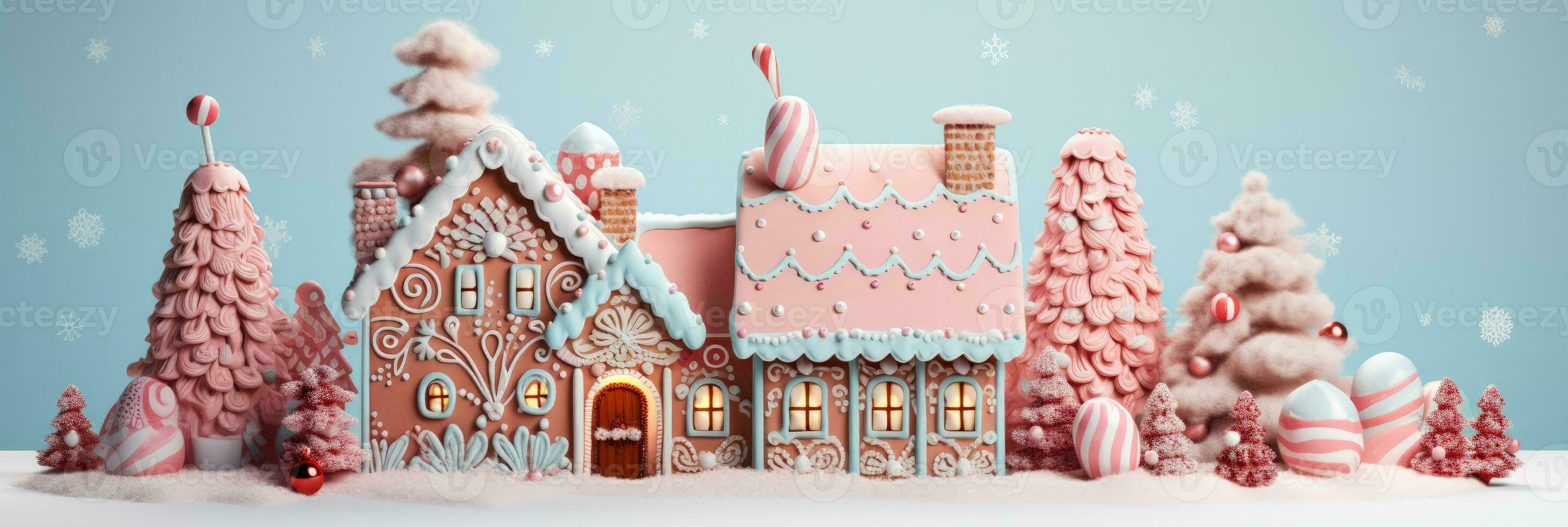 Candy ornamented gingerbread house amid Christmas Decor isolated on gradient pastel background photo