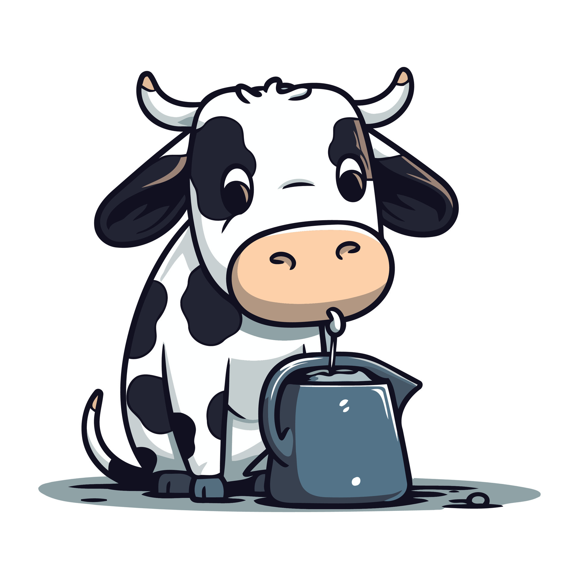 Cute cartoon cow drinking milk from a kettle. Vector illustration