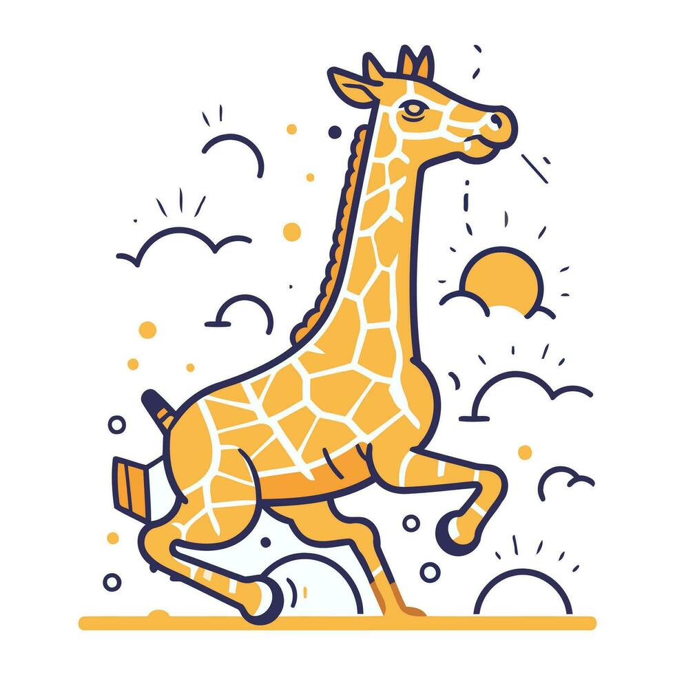 Giraffe running in the sky. Vector illustration in linear style.