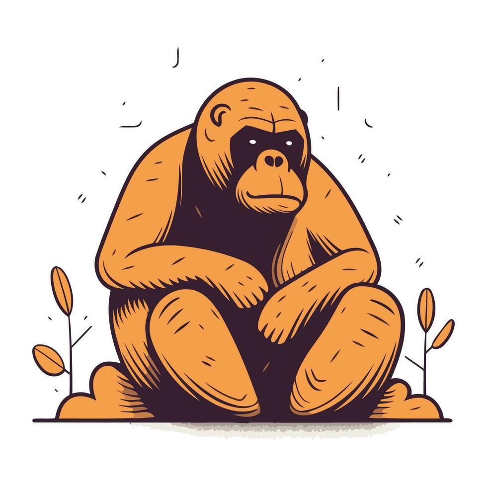 Gorilla sitting on the ground. Hand drawn vector illustration.