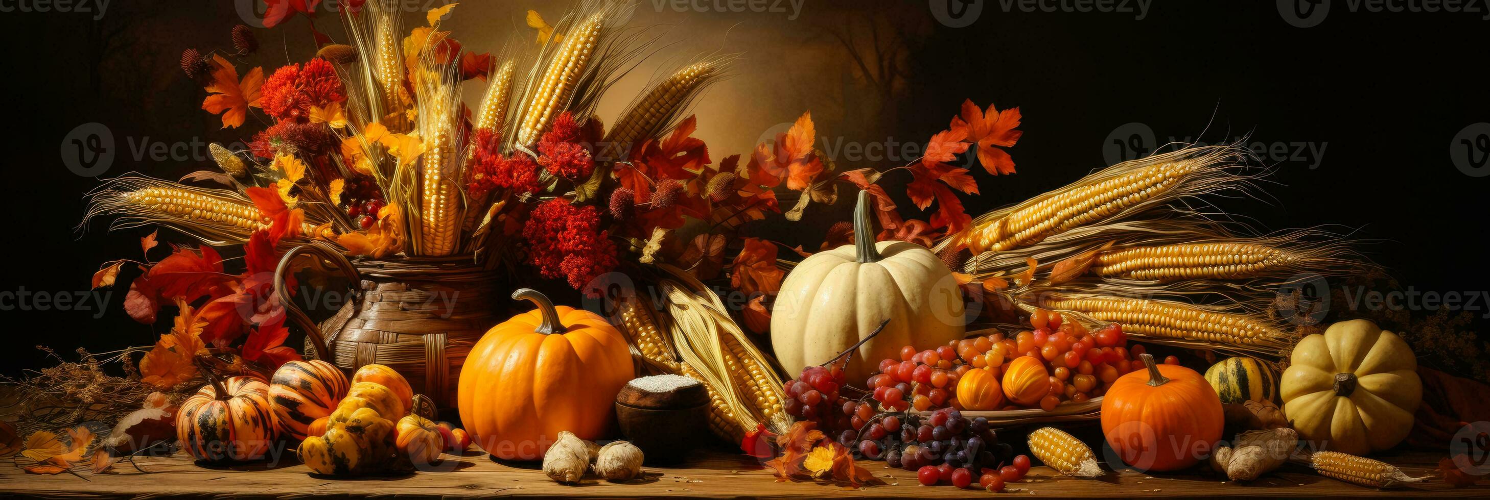 Colonial harvest festival scene illuminated in hues of earthen brown maize yellow cranberry red and Puritan blue photo