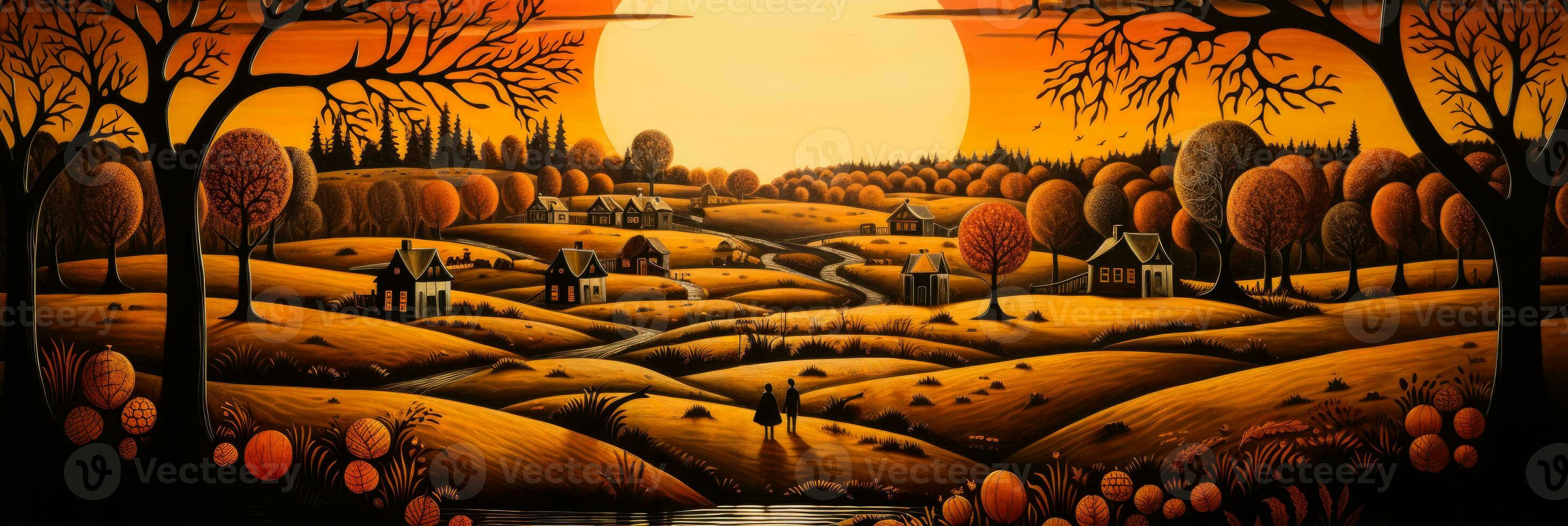 Folk art depiction of the first Thanksgiving in nostalgic Americana colors photo