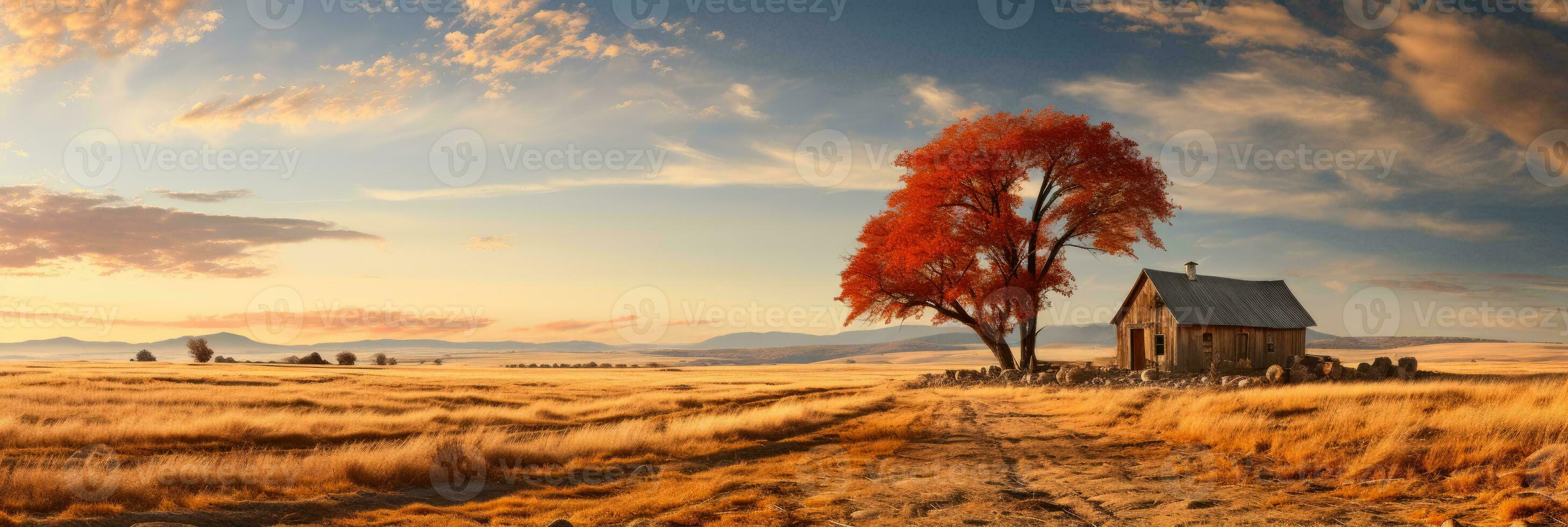 Old farm harvest scene enveloped in rustic hues of barn red wheat gold and chestnut brown photo