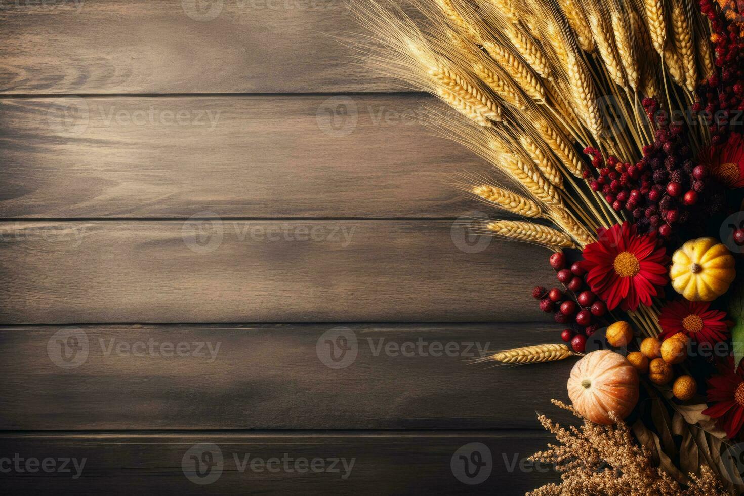 Rustic Thanksgiving dinner setup in autumnal colors background with empty space for text photo