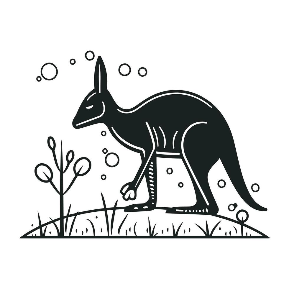 Kangaroo in the garden. Black and white vector illustration.