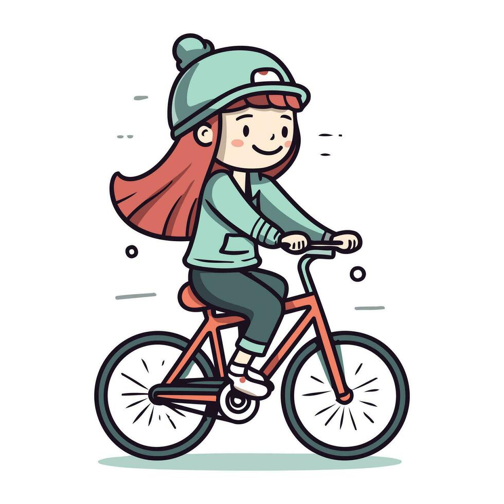 linda niña montando bicicleta. vector ilustración en un plano estilo.