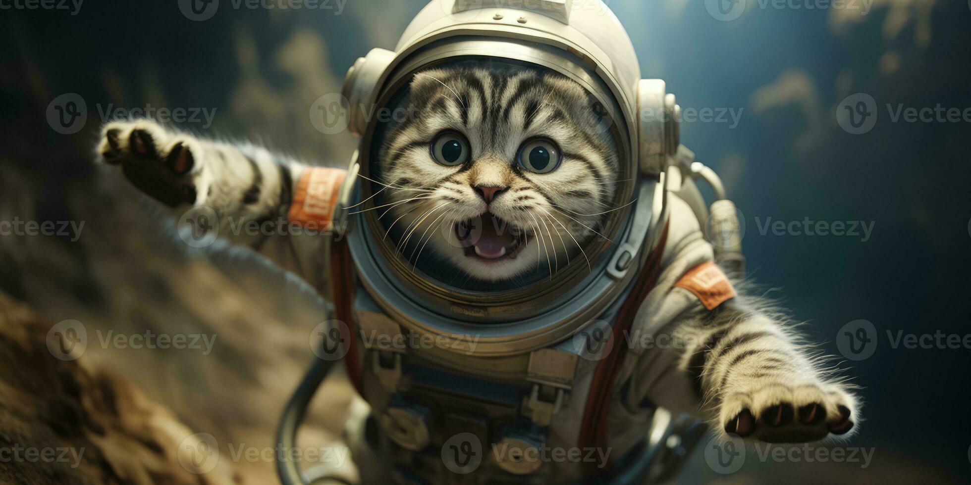 a cute cat in an astronaut suit is flying in the moon, AI Generative photo