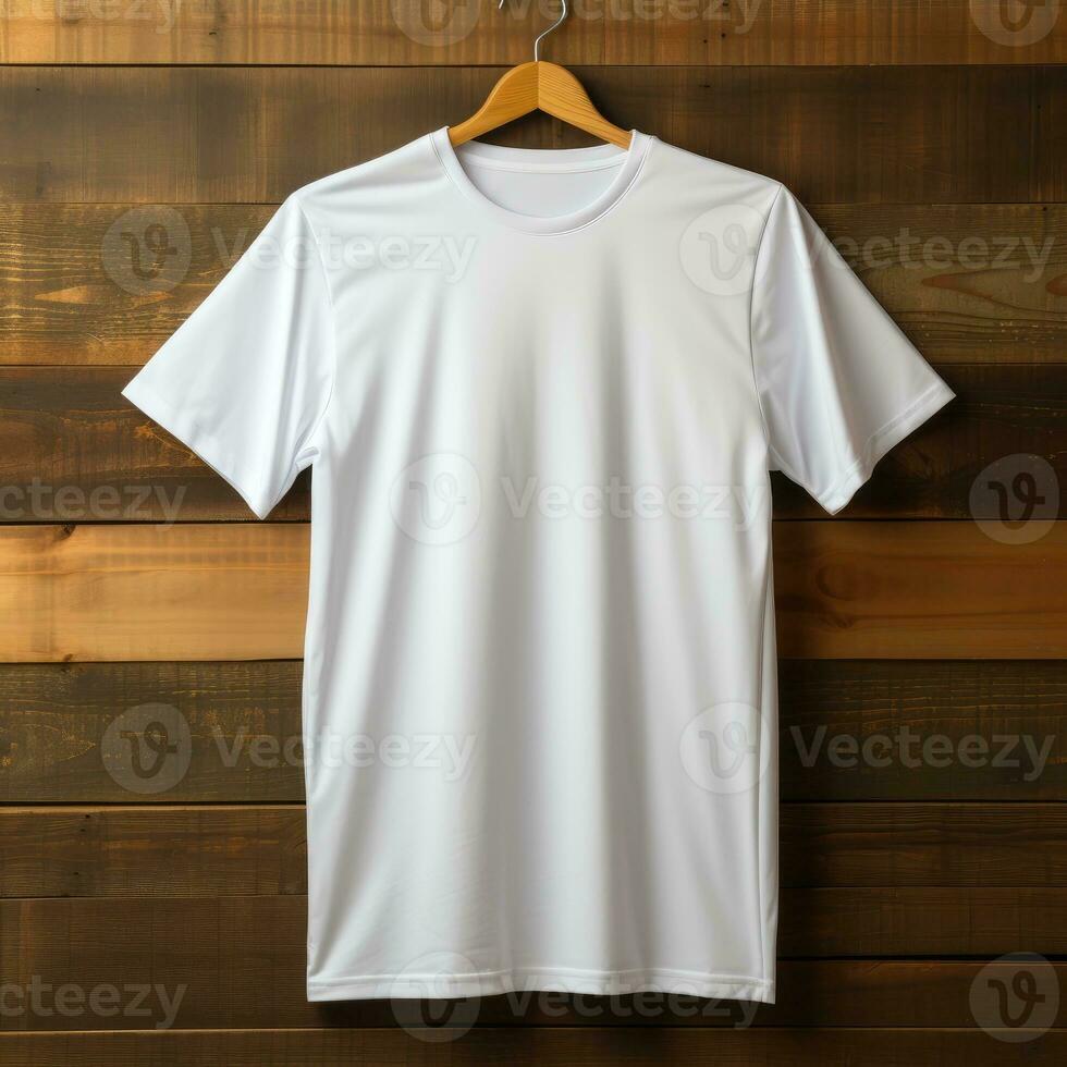 plain white t-shirt mockup with a hanger hanging on a wooden background, AI Generative photo