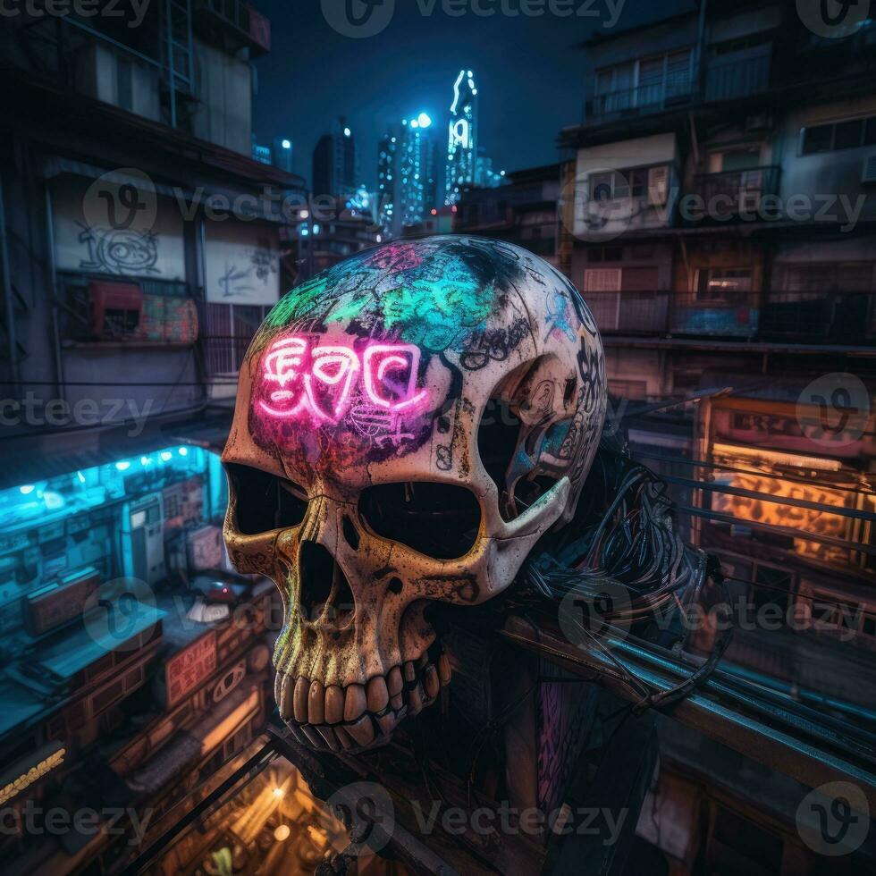 In the depths of a cyberpunk city, a robotic skull rests on a graffiti covered rooftop, AI Generative photo