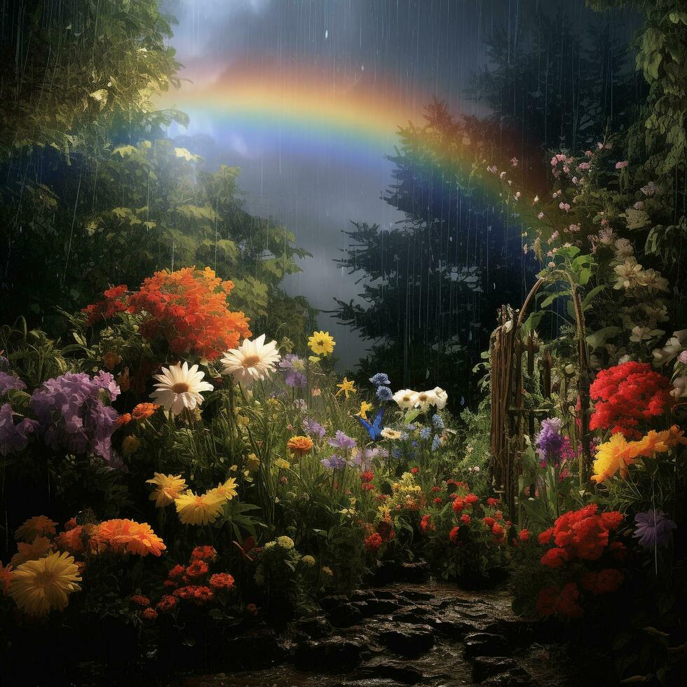 arco iris lloviendo con jardín foto