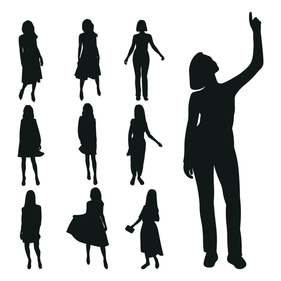 Vector feminine silhouettes of woman, women, female, maiden, lass, ladys, girls. Business women, entrepreneur, executive, fashionista, teacher, audience, students, girlfriends