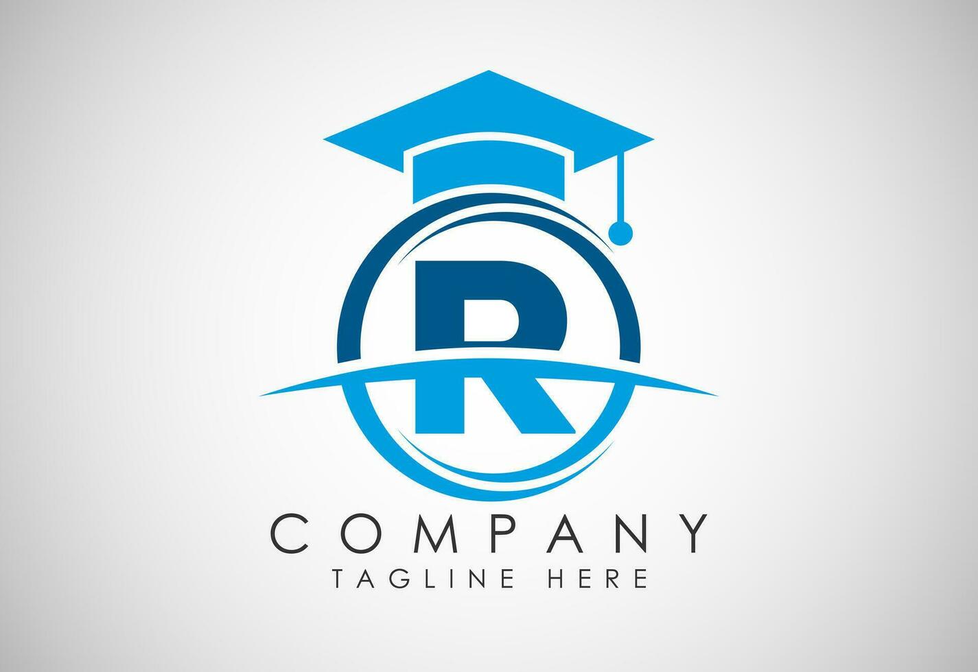 English alphabet R in a circle with education hat. Education and graduation logo vector