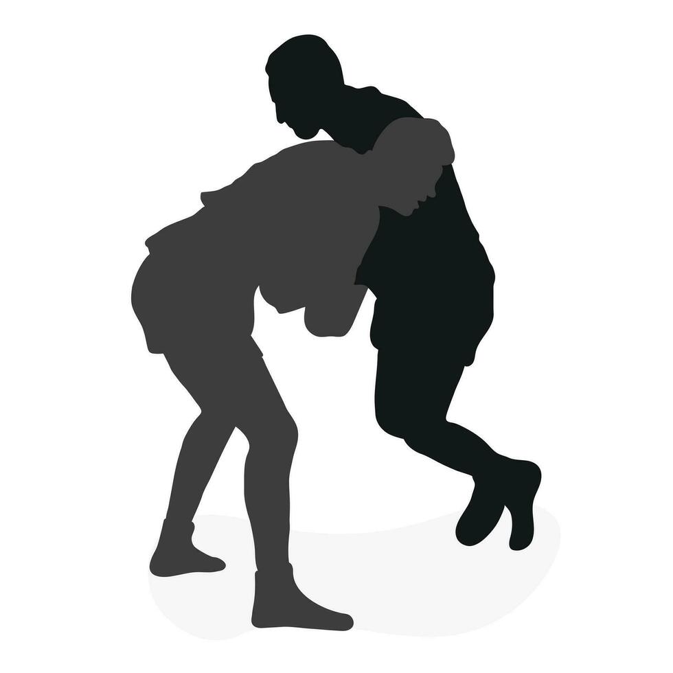 Image of silhouettes sambo athletes in sambo wrestling, combat sambo, duel, fight, fistfight, struggle, tussle, brawl, jiu jitsu. Martial art, sportsmanship vector