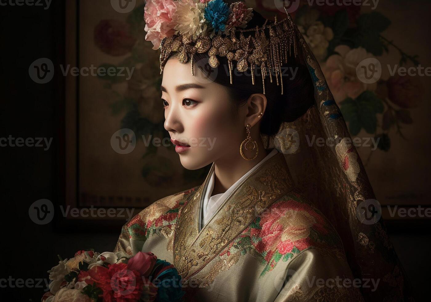 One beautiful woman in traditional East Asian dress generated by AI photo