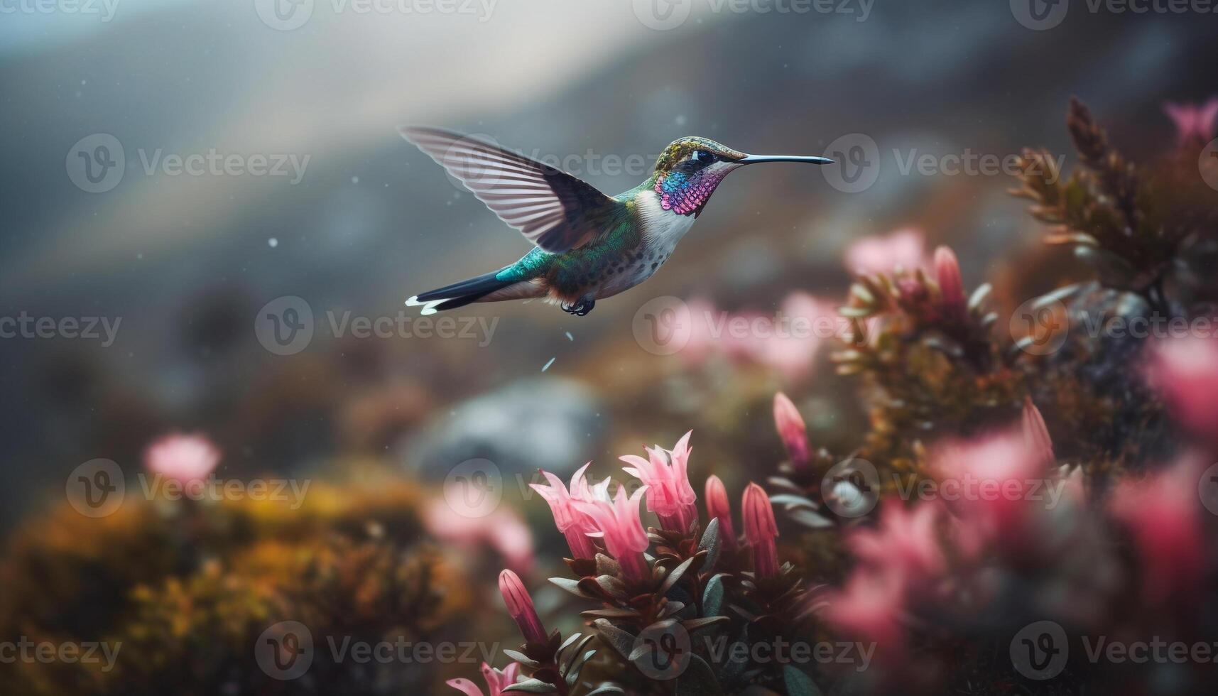 Hummingbird hovering over vibrant multi colored flower generated by AI photo