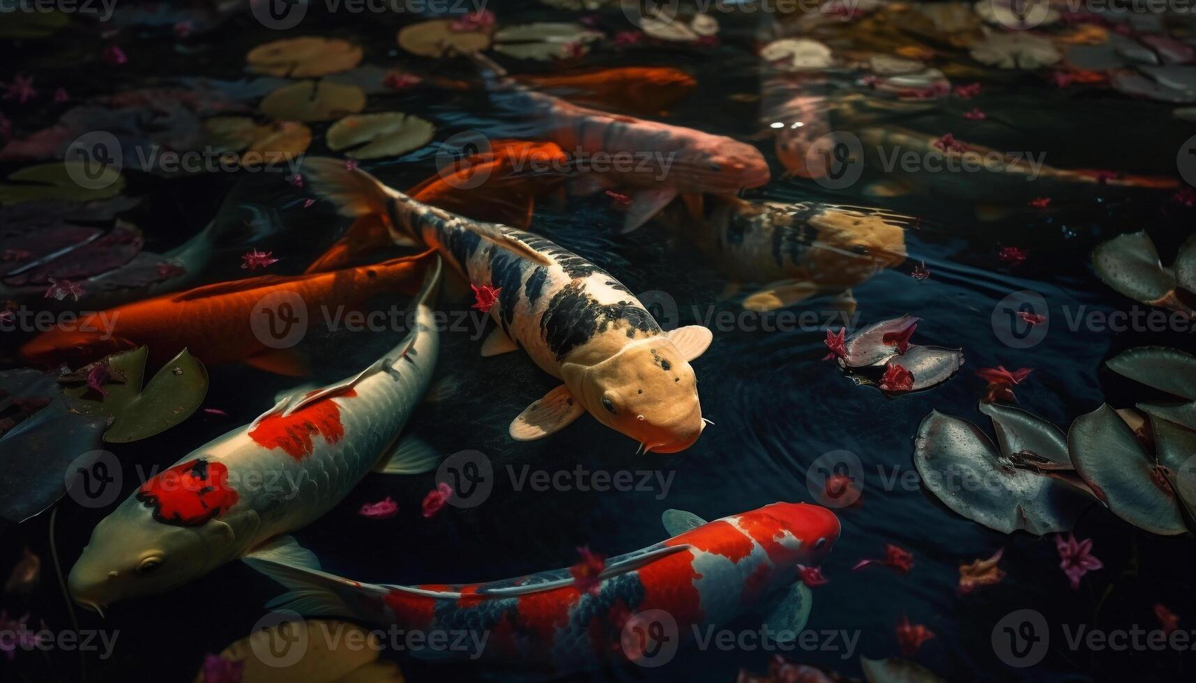 Multi colored koi swim in tranquil pond generated by AI photo