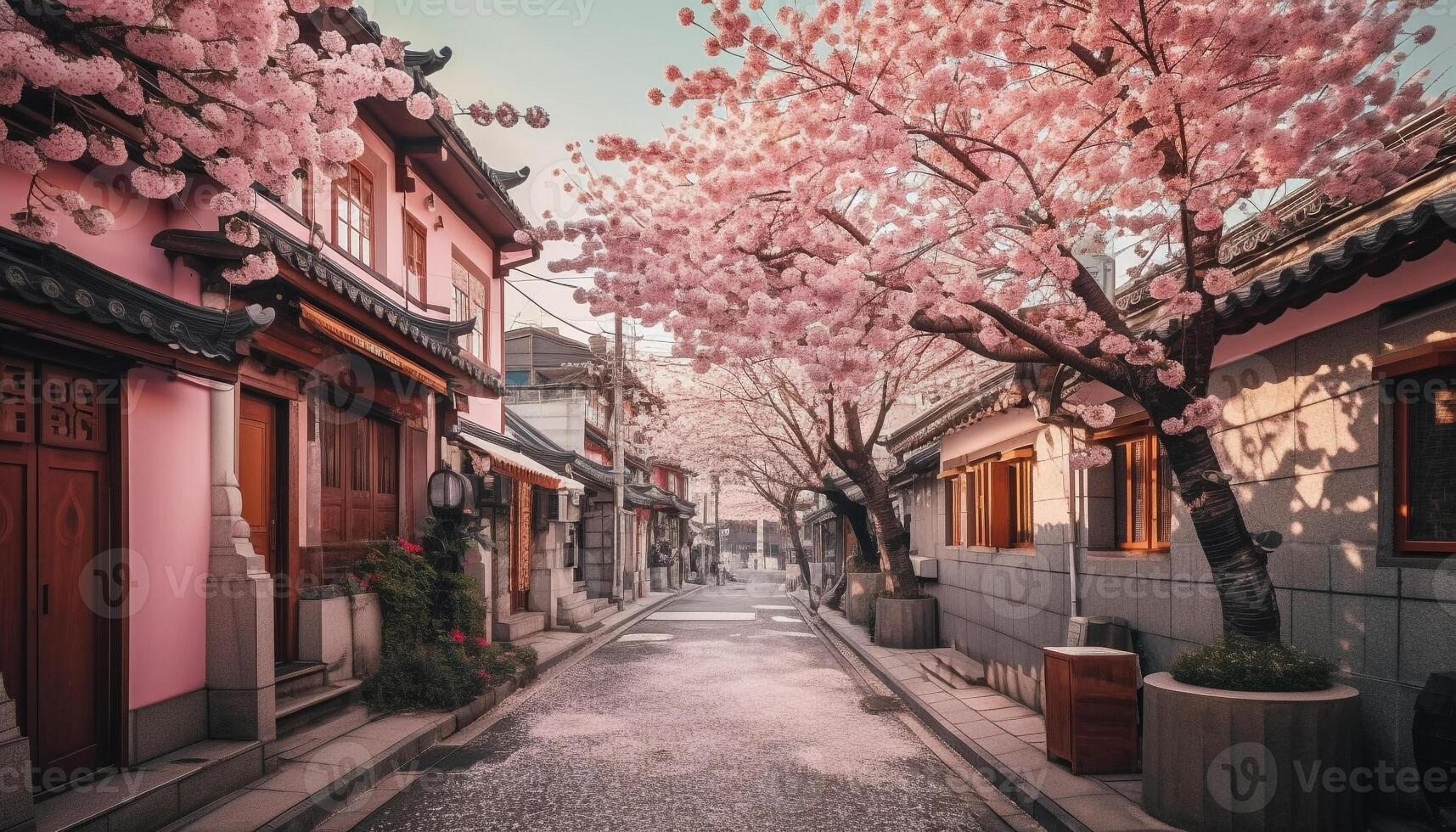 Pink cherry blossoms illuminate famous Japanese architecture generated by AI photo