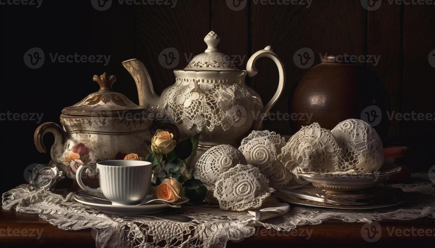 Antique teapot and cups, a nostalgic still life generated by AI photo