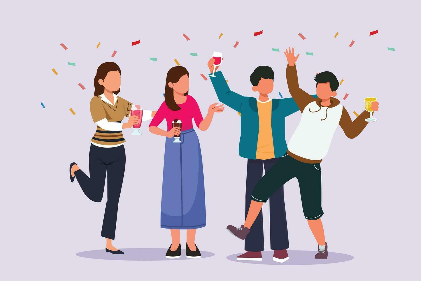 Happy people clinking glasses and drinking at celebratory party. Friends concept. Colored flat vector illustration isolated.