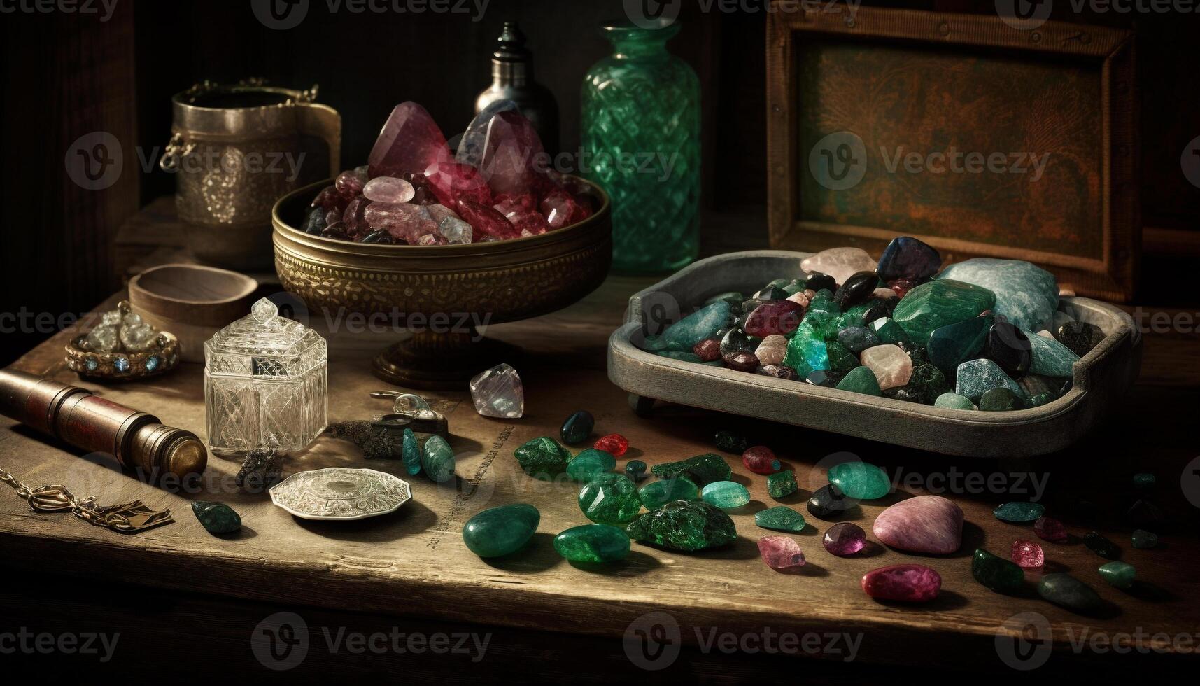 Antique gemstone collection wood, metal, and crystal generated by AI photo