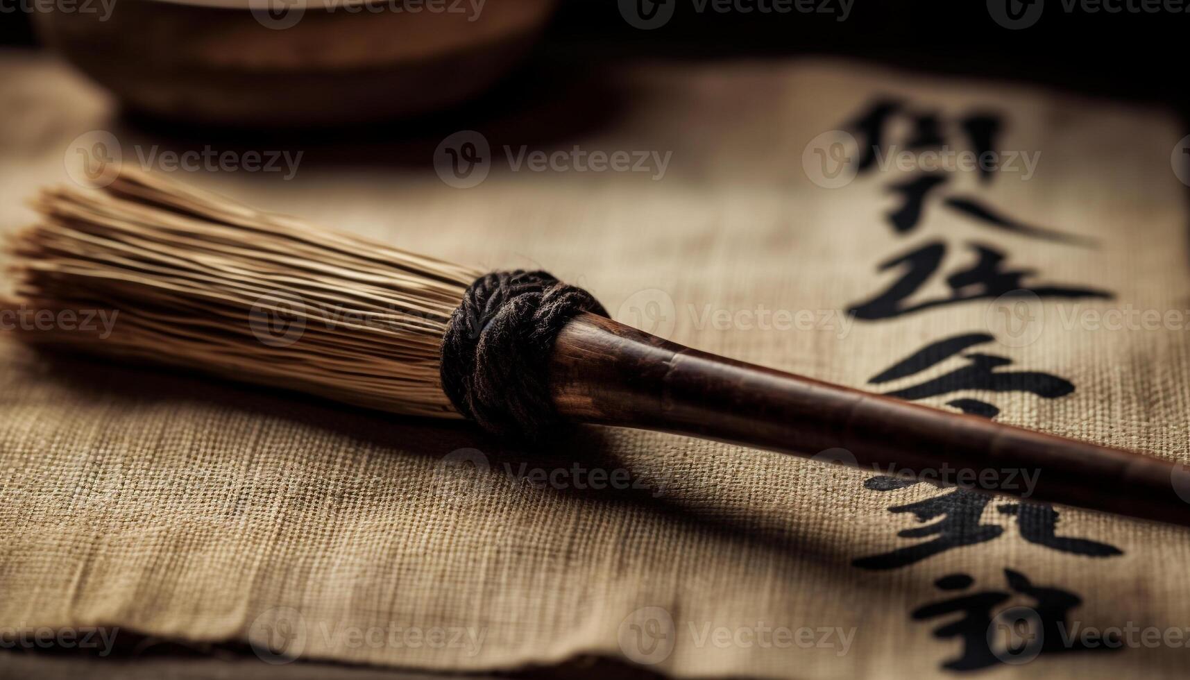 Ancient calligraphy on old bamboo table still life generated by AI photo