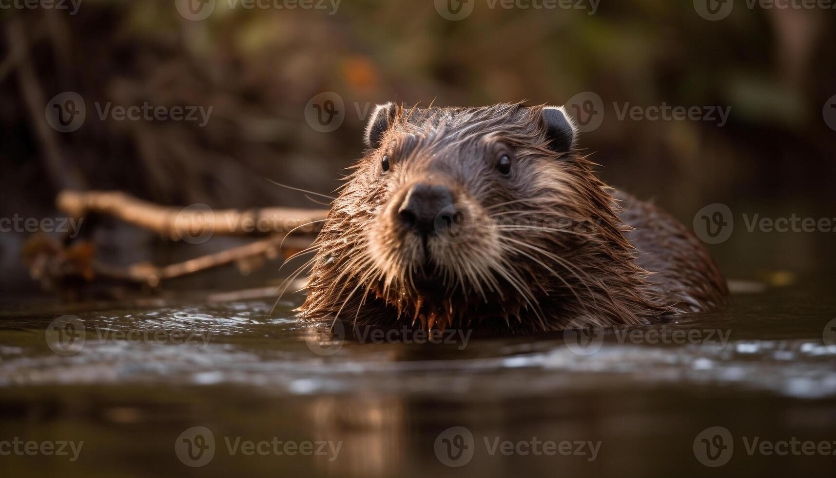 Wet beaver swimming in tranquil pond water generated by AI photo