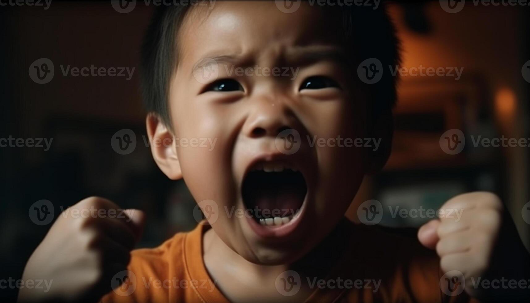 Furious boy shouting with mouth open in close up portrait generated by AI photo