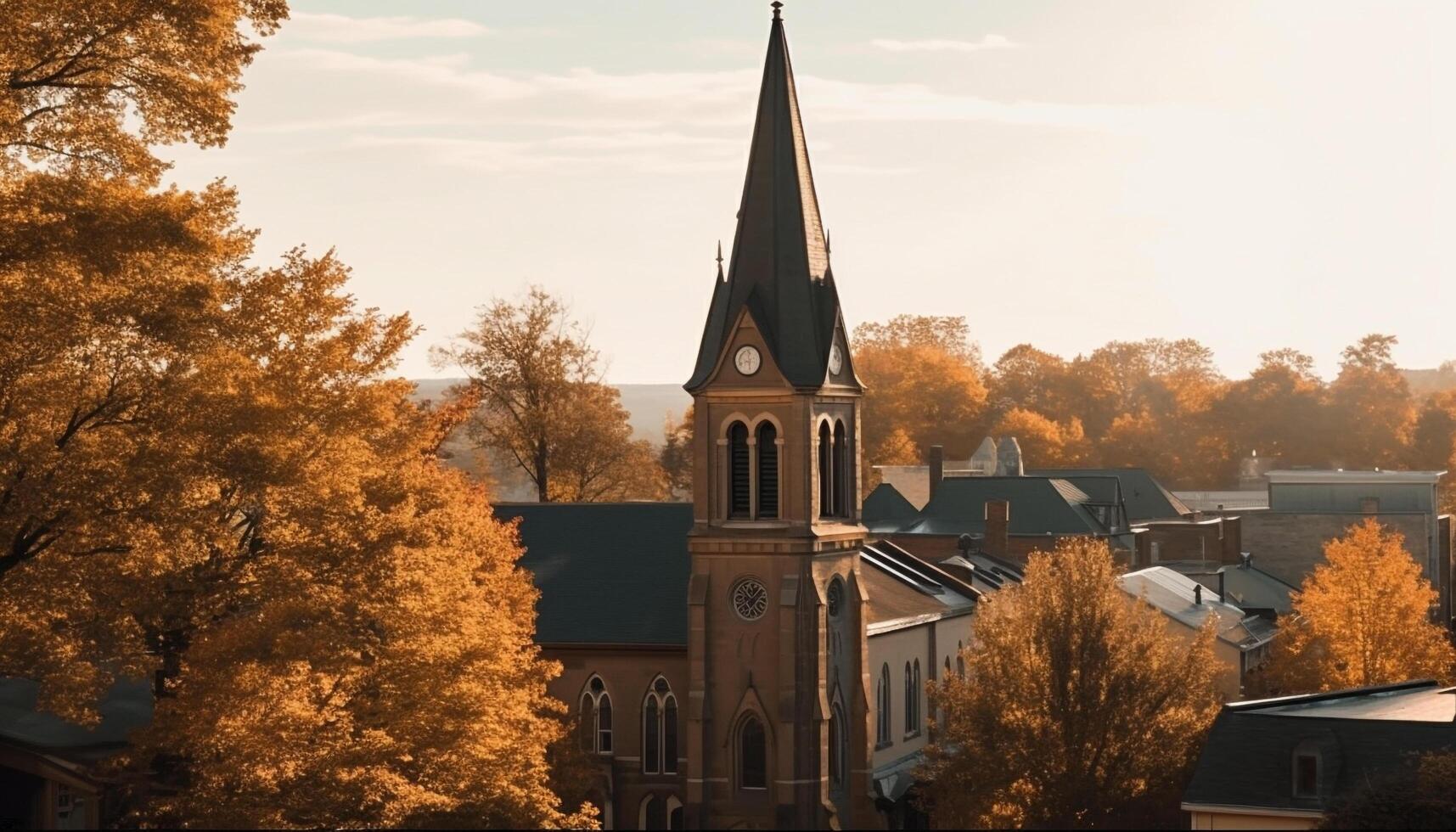 Gothic spires pierce autumn sky in cityscape generated by AI photo