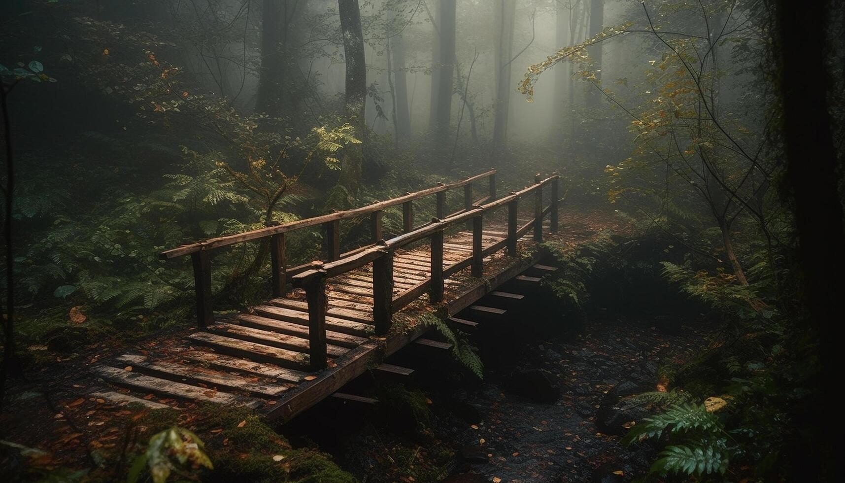 Tranquil scene of autumn forest in fog generated by AI photo