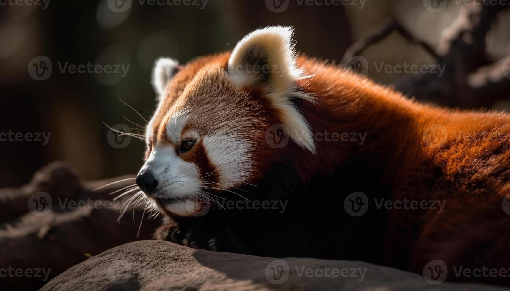 Red panda sitting on branch, staring alertly generated by AI photo