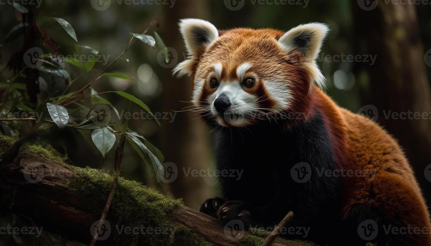 Red panda sitting on branch, looking cute generated by AI photo