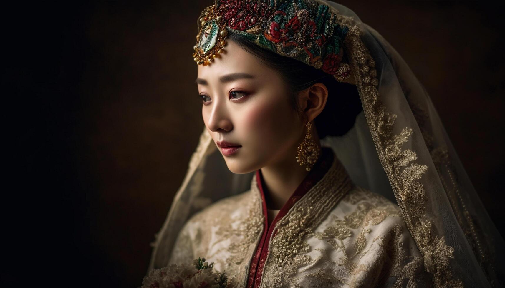 One beautiful woman in traditional Chinese dress generated by AI photo