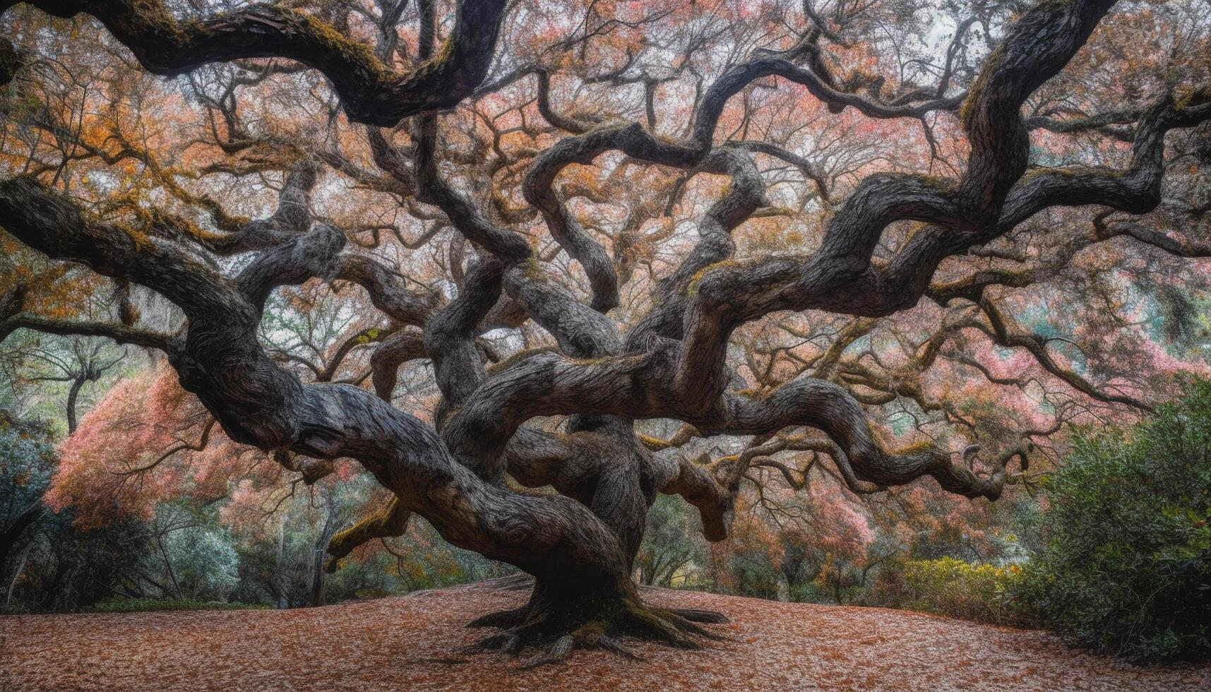 Ancient tree trunk stands tall in spooky October landscape generated by AI photo