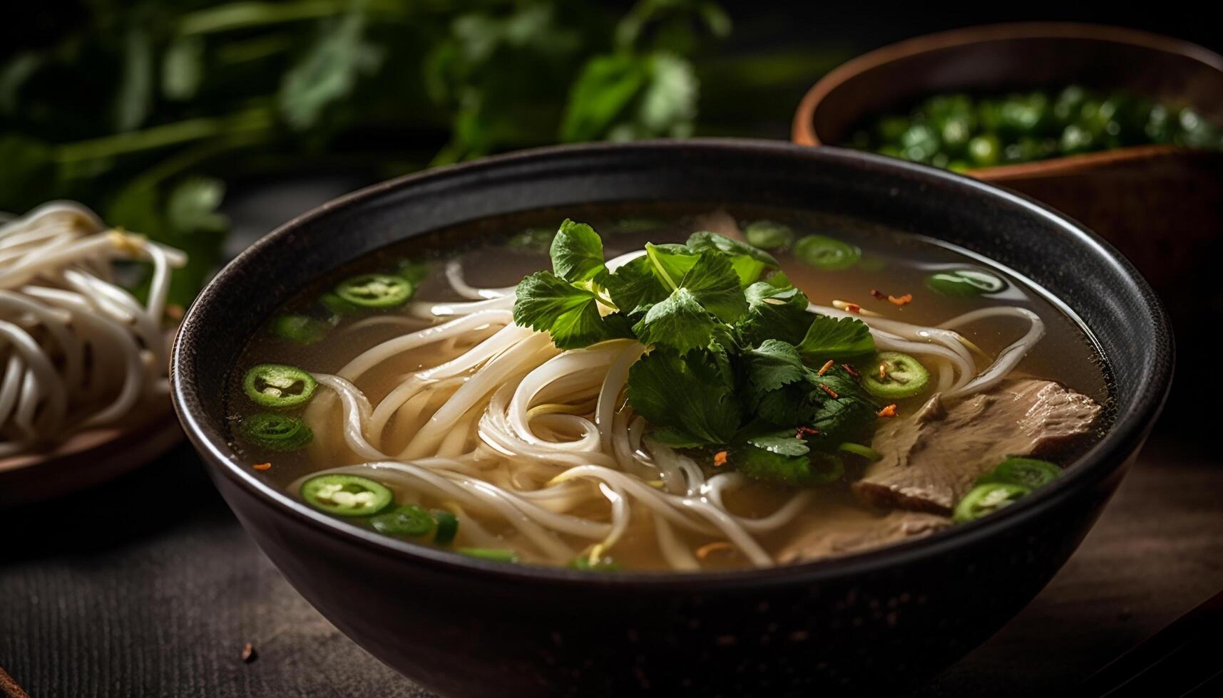 Healthy homemade noodle soup with pork, vegetables, and cilantro generated by AI photo