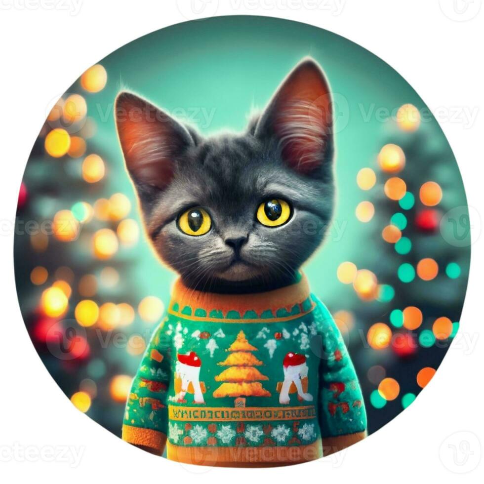 black kitten on the background of christmas trees round graphics photo