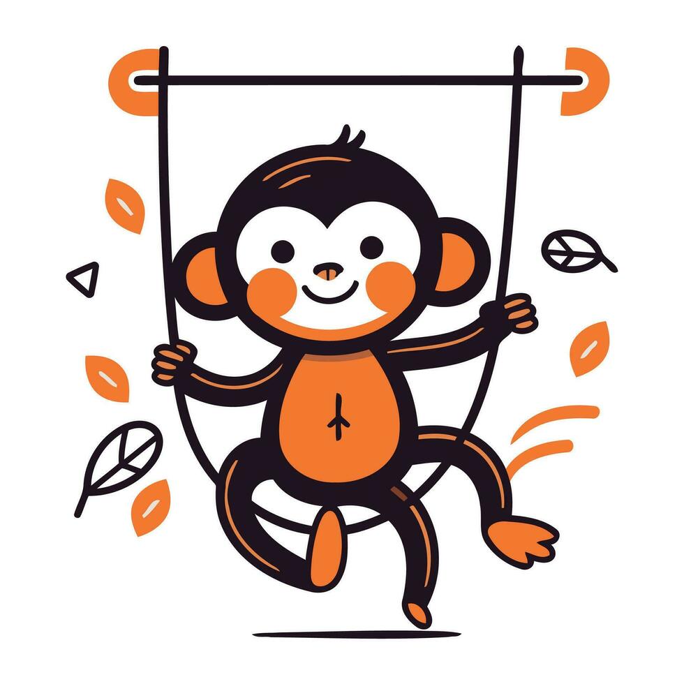 Cute monkey swinging on a swing. Vector illustration in cartoon style.