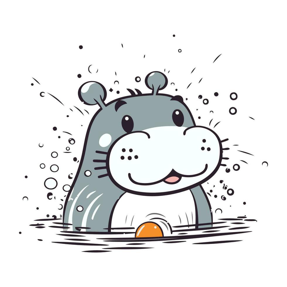 Cute hippopotamus in the water. Hand drawn vector illustration.