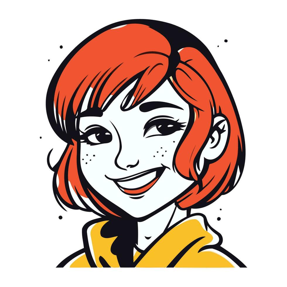 vector ilustración de un niña con rojo pelo en un amarillo abrigo.