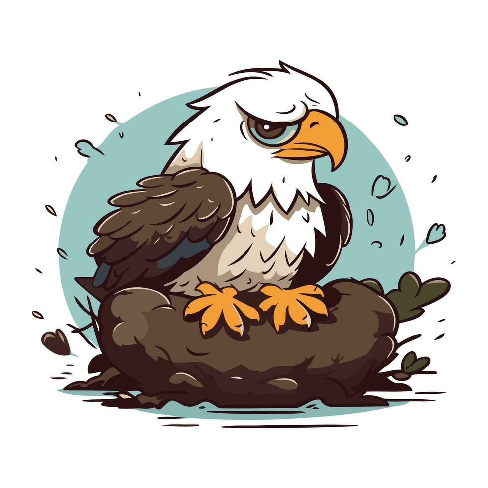 calvo águila sentado en un rock en el lluvia. vector ilustración.