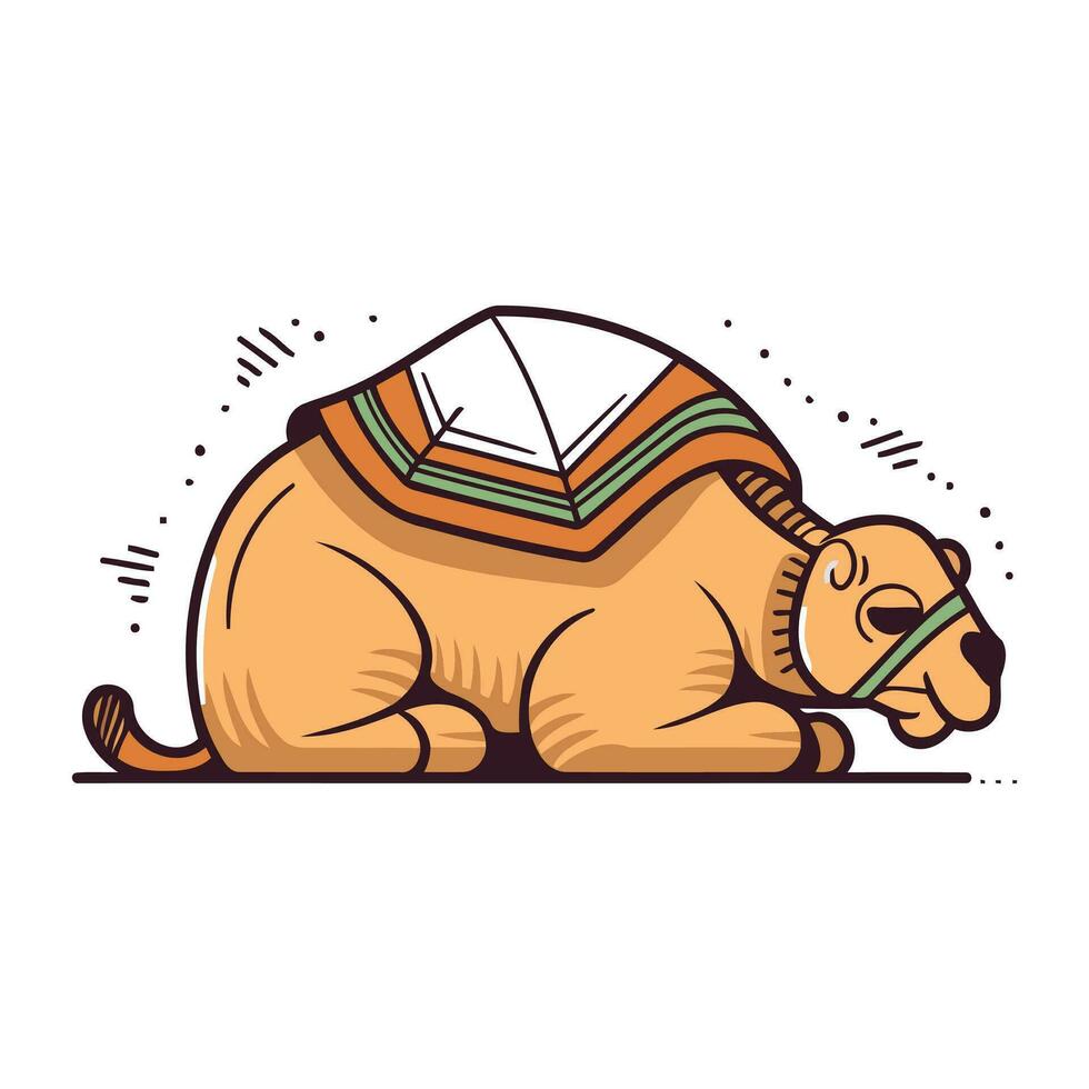 Cute camel sleeping. Vector illustration. Isolated on white background.