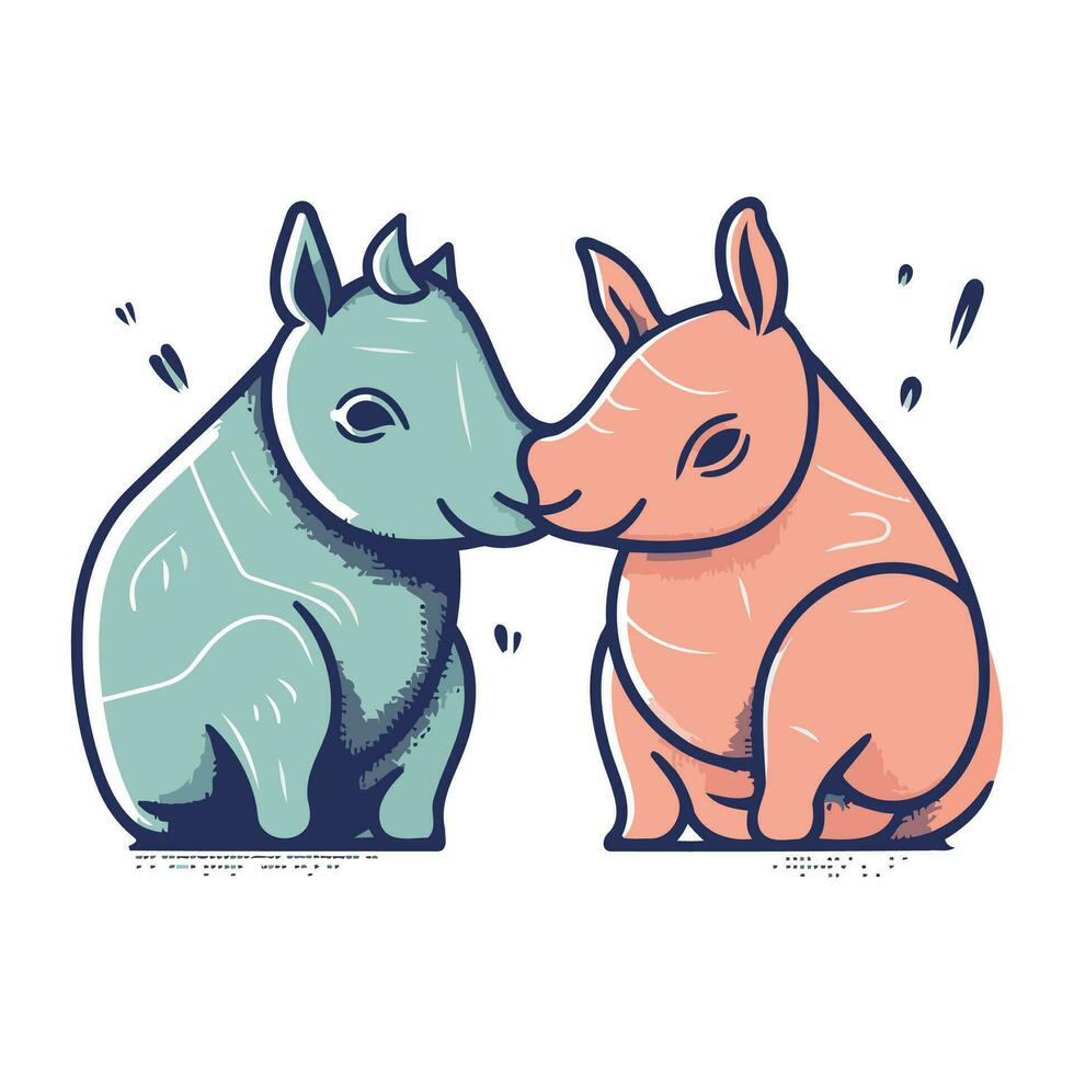 Cute cartoon rhinoceros and hippo. Vector illustration.