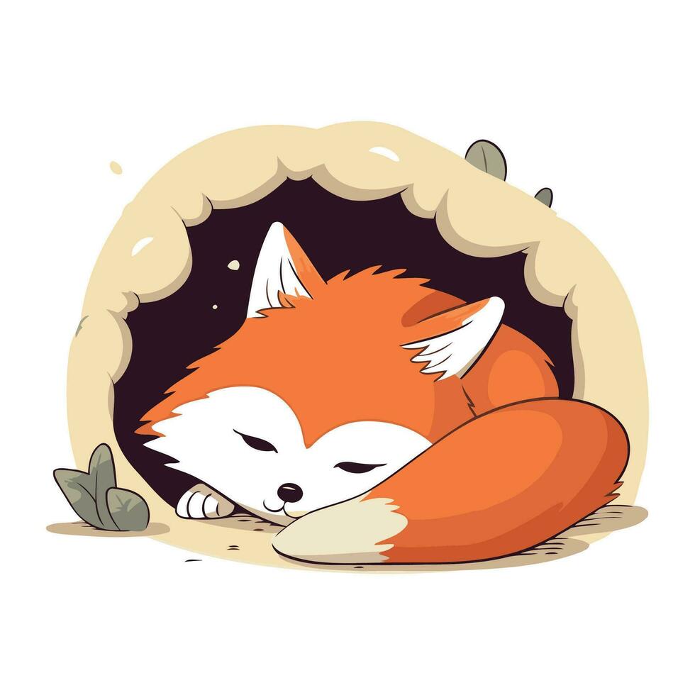 Cute cartoon red fox sleeping in a hole. Vector illustration.