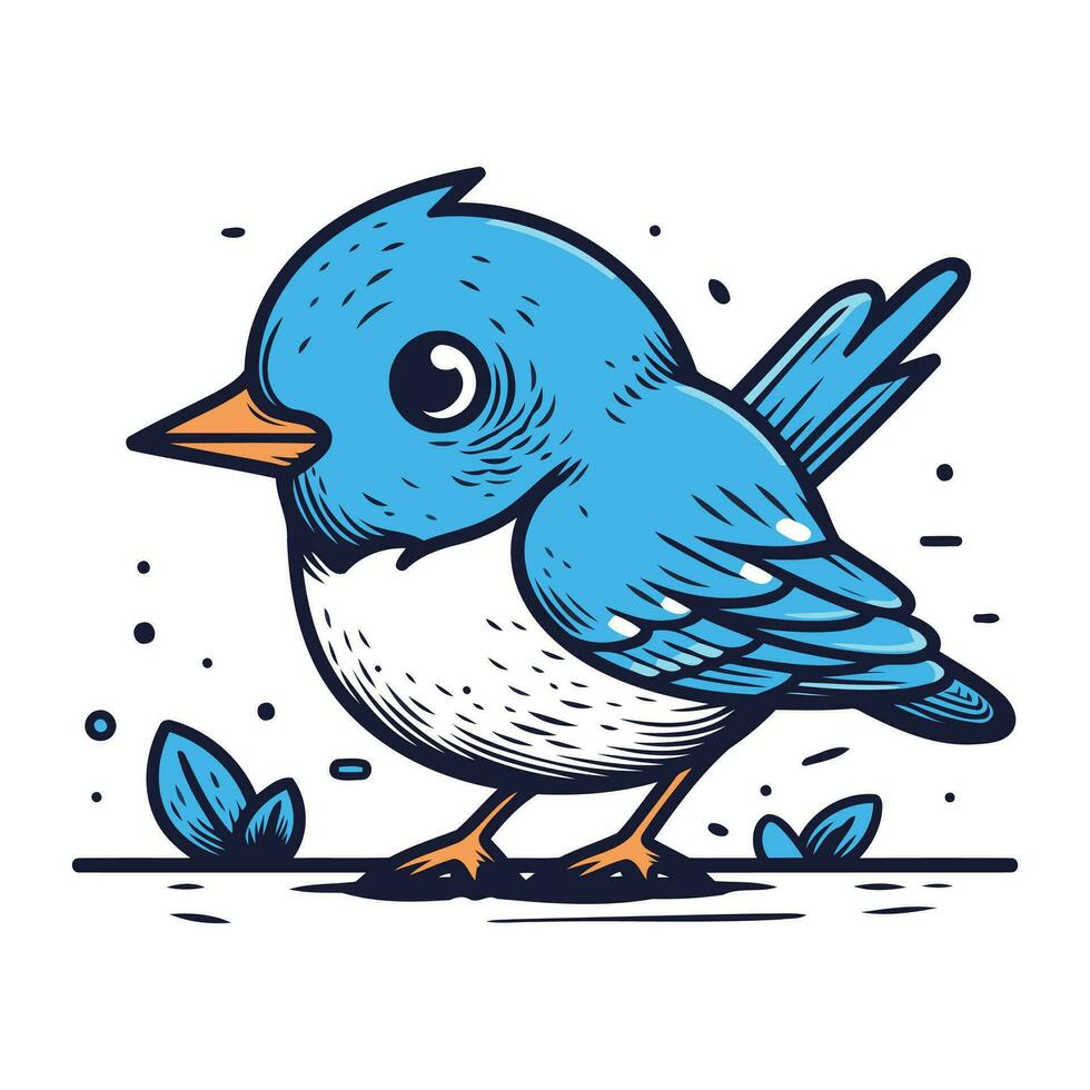 Hand drawn vector illustration of a cute blue bird isolated on white background.